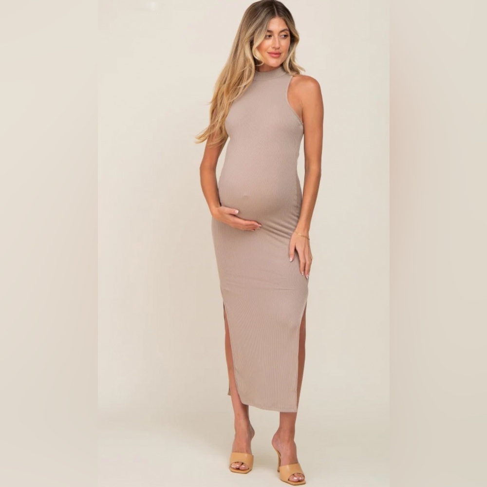 🛍️ PinkBlush Taupe Ribbed Side Slit Maternity Maxi Dress